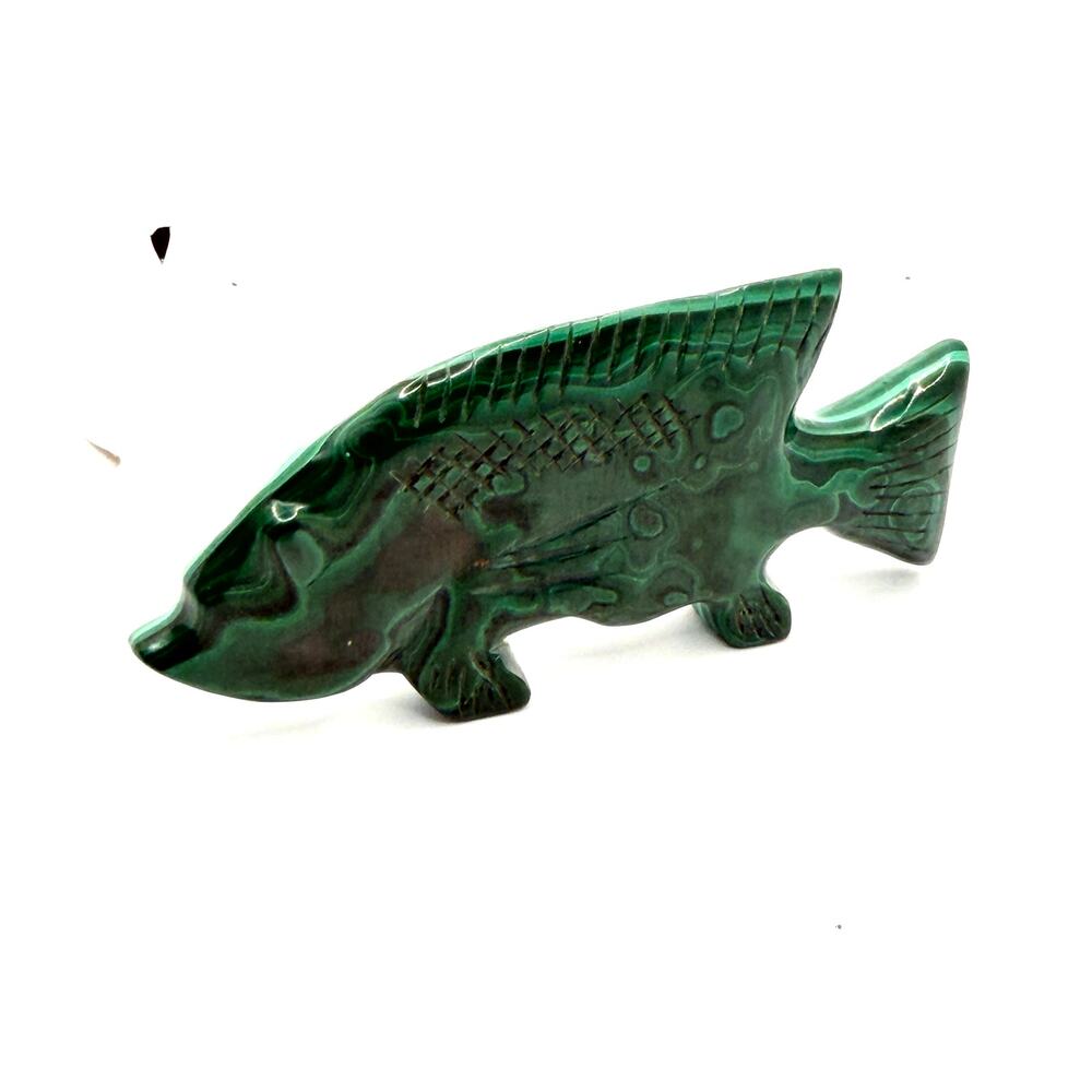 Vintage 80s Carved Malachite Green Banded Stone Tropical Fish Figurine